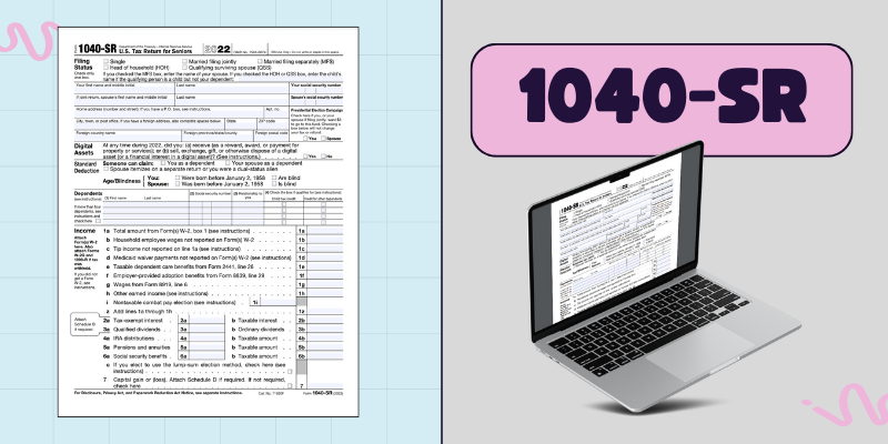 The printable 1040-SR form and it online version on the laptop